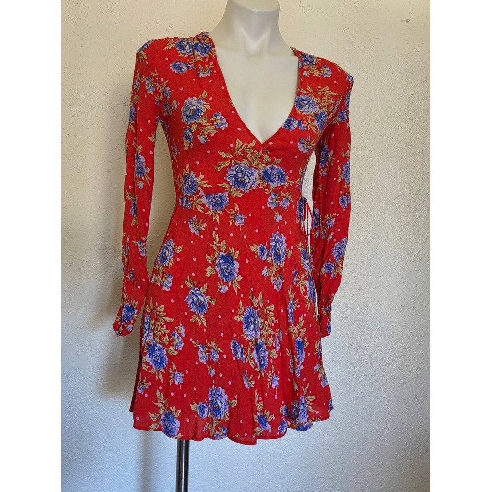 Zara Womens Red Floral Polka Dot Long Sleeve Wrap Mini Dress XS 7969/052